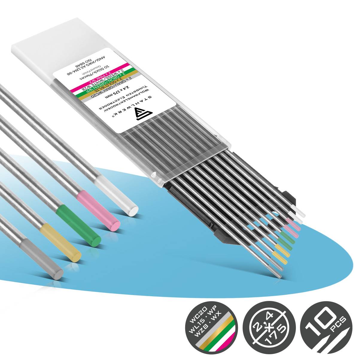 STAHLWERK Wolframelektroden Gold, Grau, Pink, Weiß, Grün 2,4 mm je 2 im 10er Set