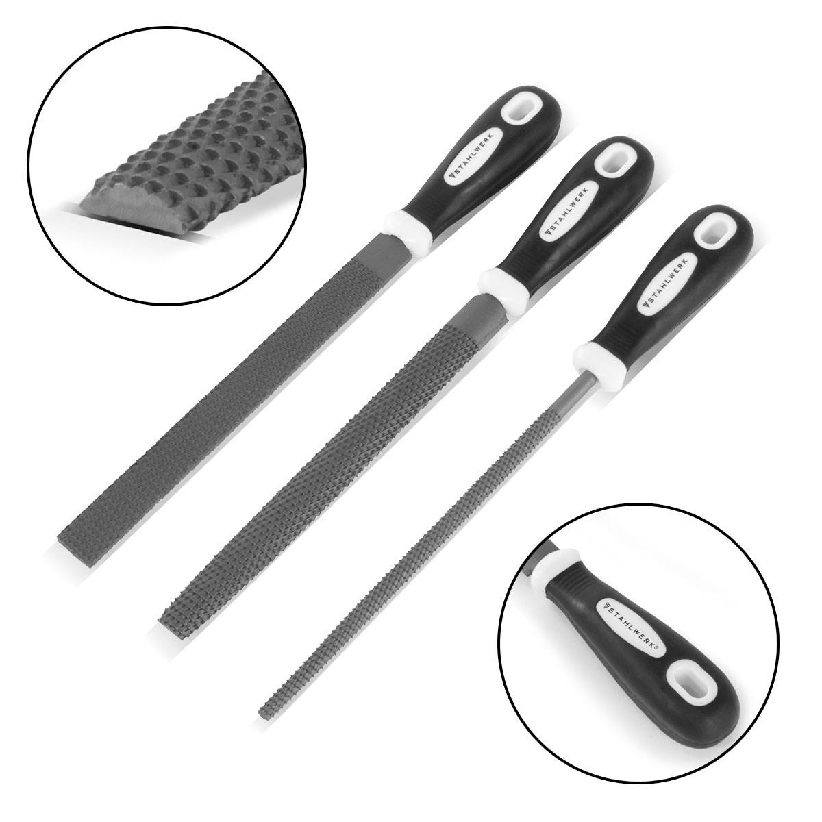 STAHLWERK Raspelfeilen 3er Set 200 mm Rundfeile, Halbrundfeile und Flachfeile