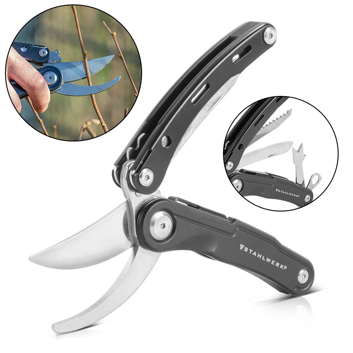 STAHLWERK Multitool 5 Tools Taschenmesser Multifunktionswerkzeug Gartenschere