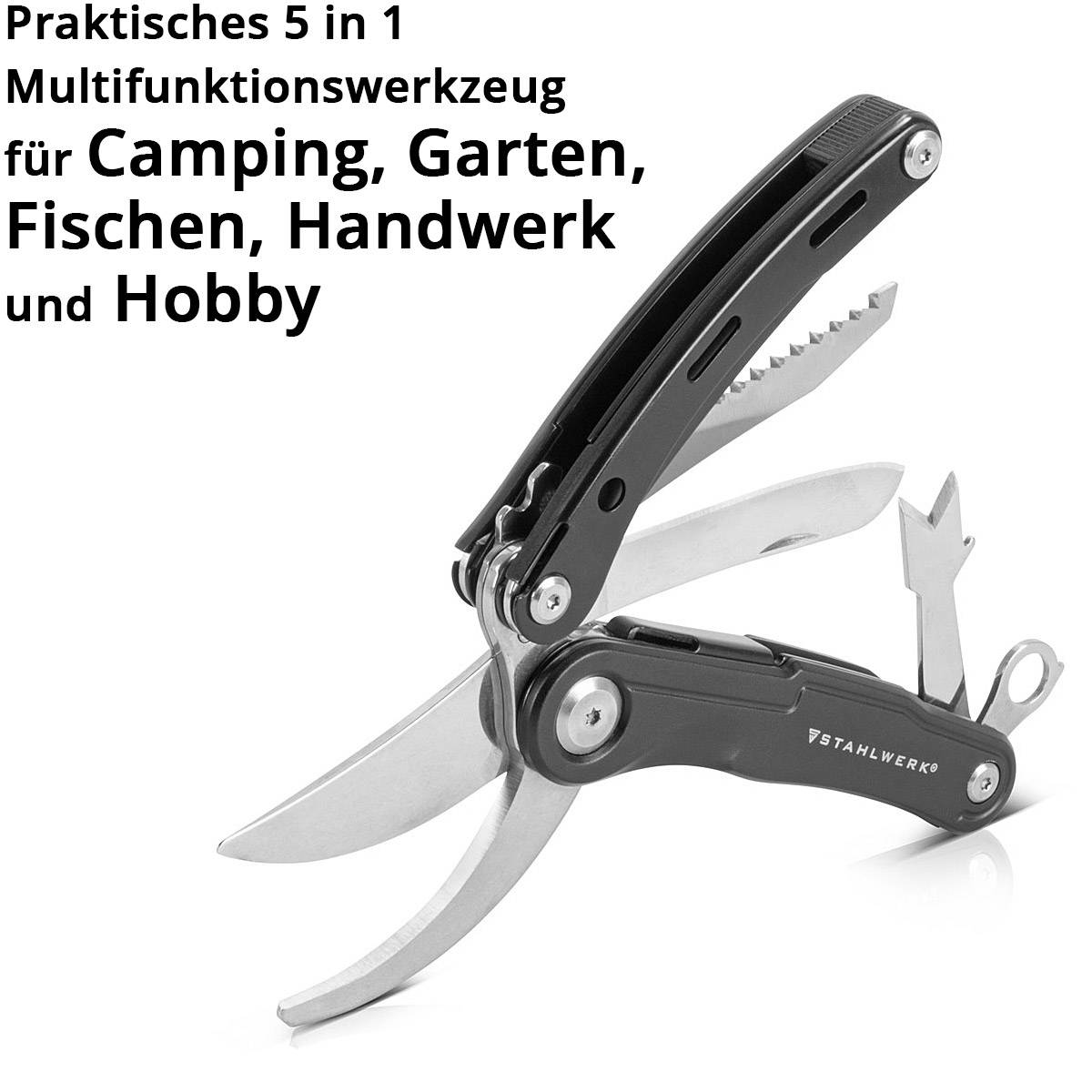 STAHLWERK Multitool 5 Tools Taschenmesser Multifunktionswerkzeug Gartenschere