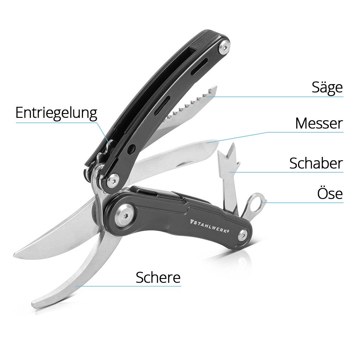 STAHLWERK Multitool 5 Tools Taschenmesser Multifunktionswerkzeug Gartenschere