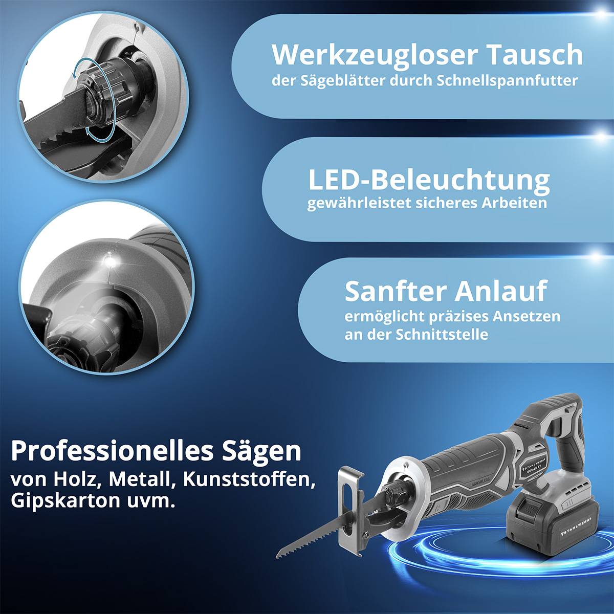 STAHLWERK Akku-Säbelsäge BRS-20 ST mit 20 Volt, 4 Ah Li Ion Akku, 0-2600 U/min