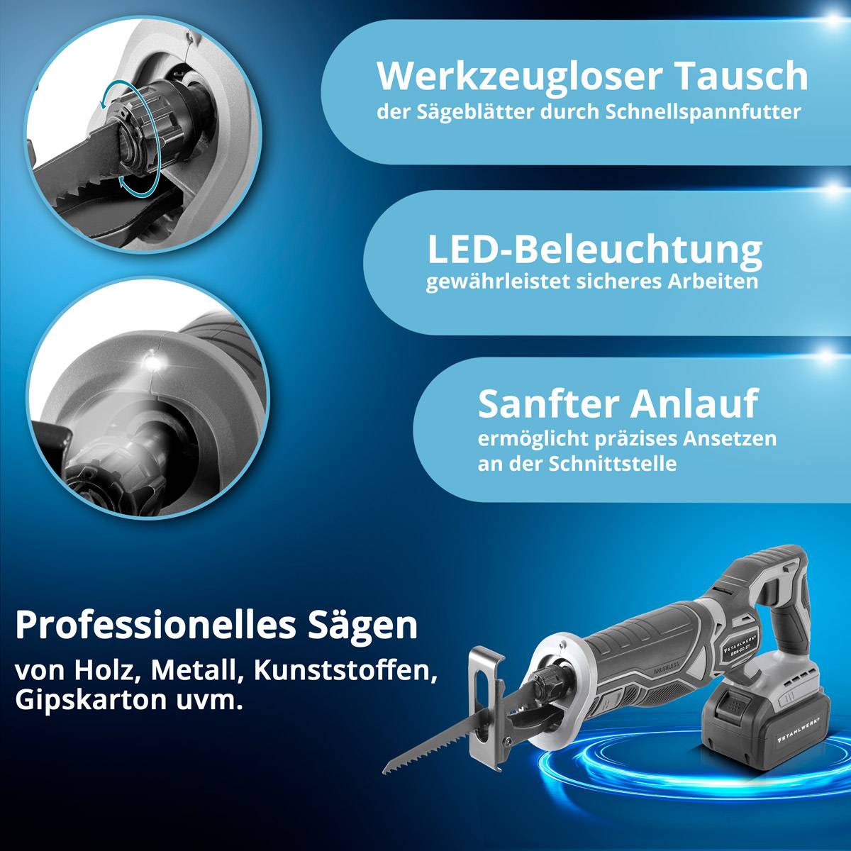 STAHLWERK Akku-Säbelsäge BRS-20 ST mit 20 Volt, 4 Ah Li Ion Akku, 0-2600 U/min