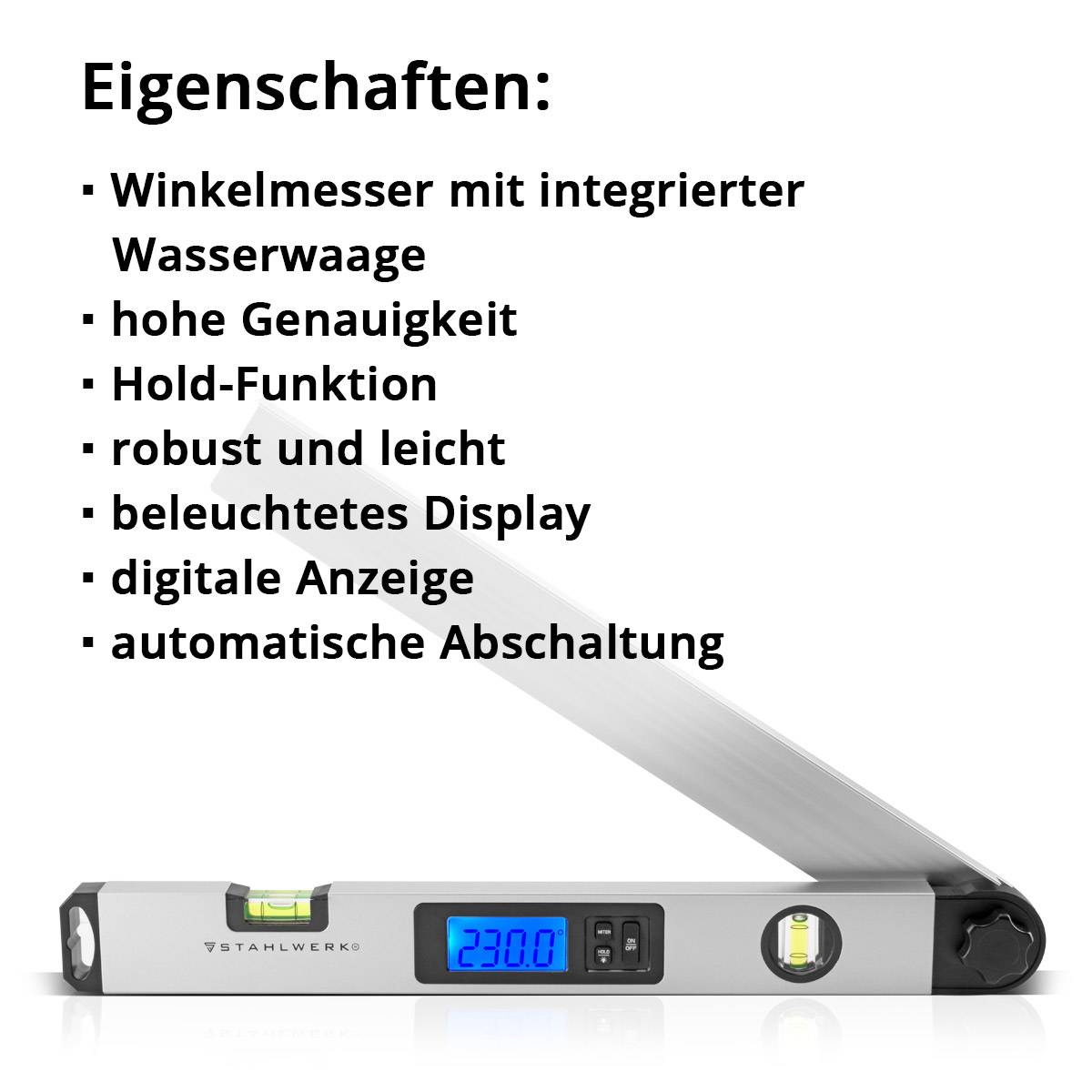STAHLWERK Digitaler Winkelmesser DW-45 ST Aluminium Messbereich von 0-230 Grad