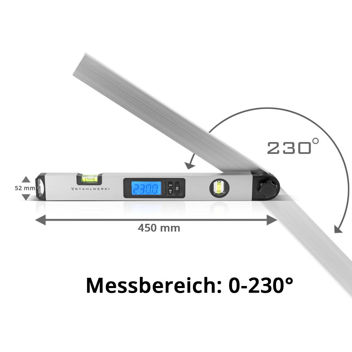 STAHLWERK Digitaler Winkelmesser DW-45 ST Aluminium Messbereich von 0-230 Grad