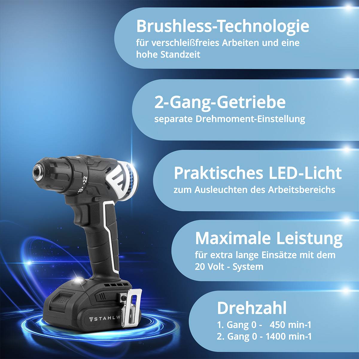 STAHLWERK Akkuschrauber ABS-18 ST mit 18 Volt und Brushless-Technologie