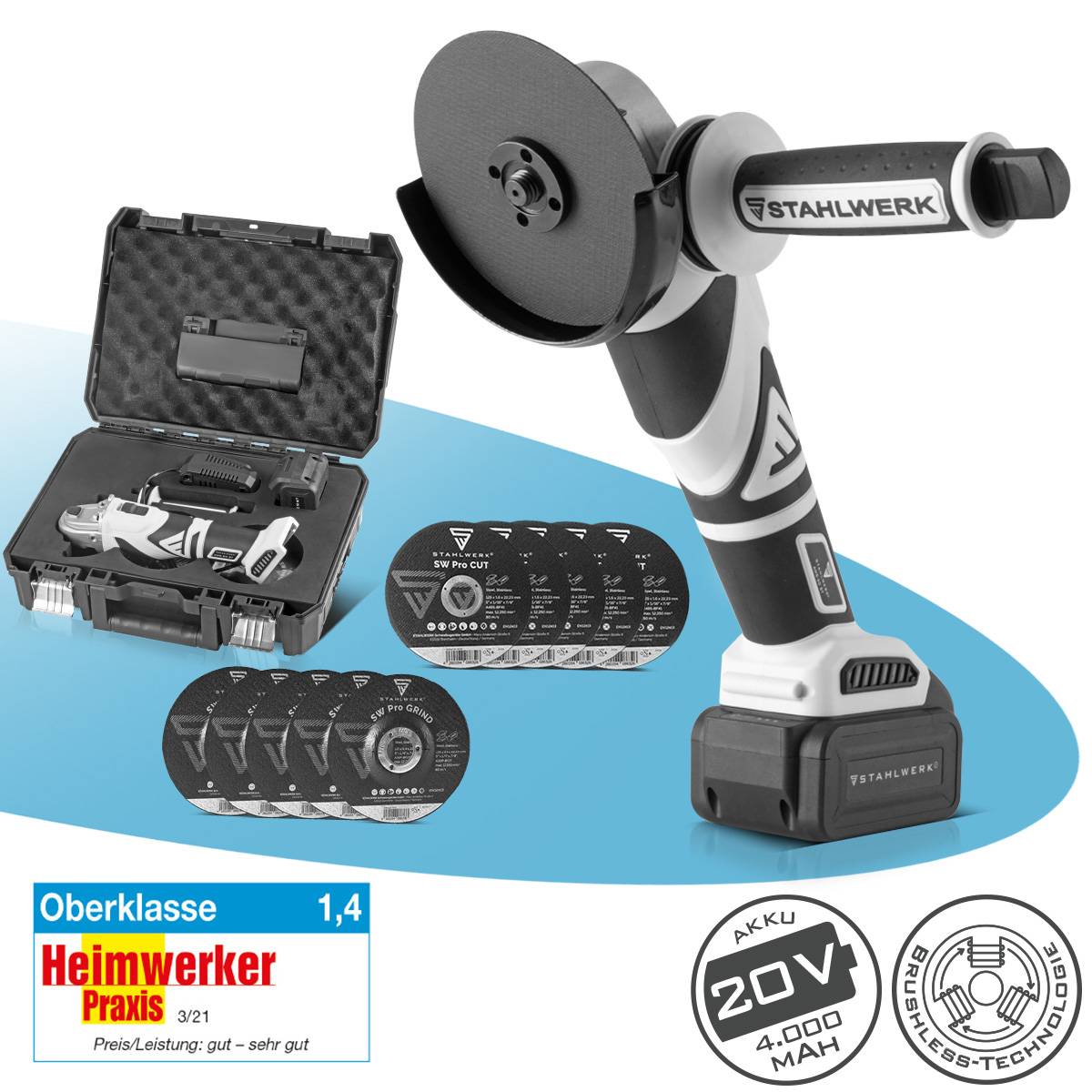 STAHLWERK Brushless Akku Winkelschleifer AWS-20 ST 20V/4Ah, 0 - 7500 min-1