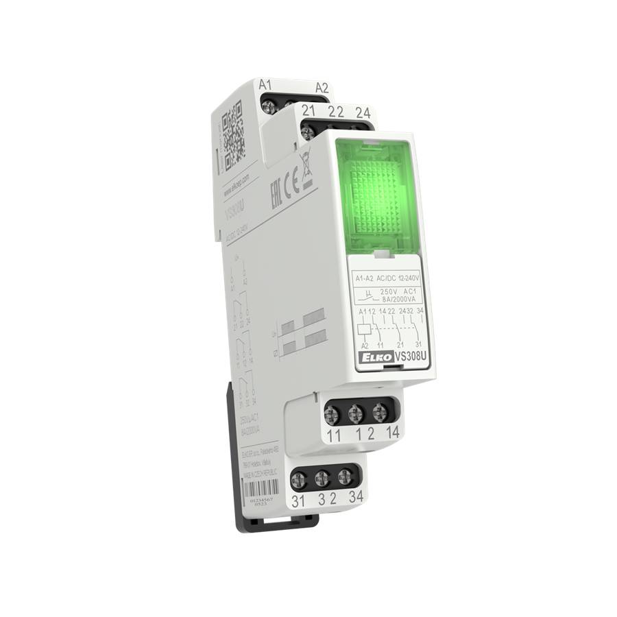ELKO EP VS308U /grün Hilfsrelais, 3 Wechsler 8A, 12-240V AC/DC, DIN-Schiene