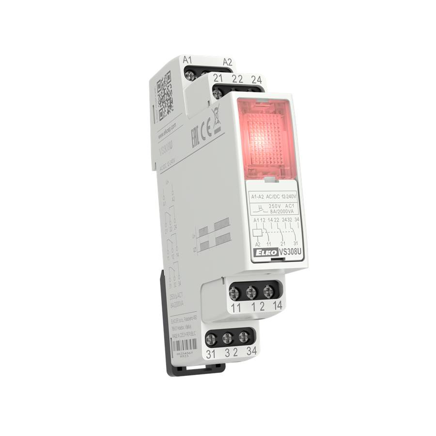 ELKO EP VS308U /rot Hilfsrelais, 3x 8A Wechsler, AC/DC 12-240V, DIN-Schiene