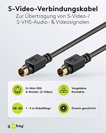 Goobay 50057 S Video Kabel vergoldete Mini DIN Stecker 4 polig S-Videokabel geschirmt VHS Kabel Videorecorder Schwarz 1m