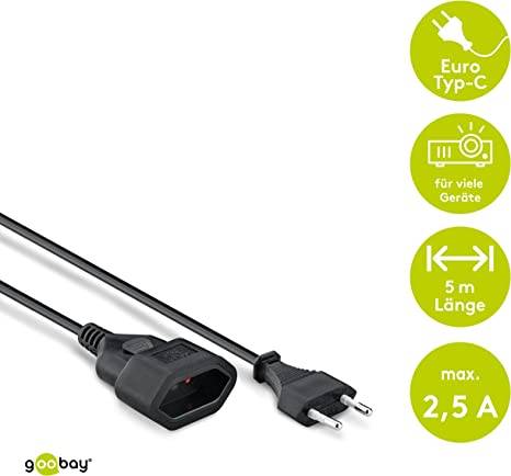 Goobay 50510 Euro Netzkabel Verlängerung 2 polig Stromkabel Eurostecker Typ C Eurokabel Verlängerungskabel Schwarz 5m