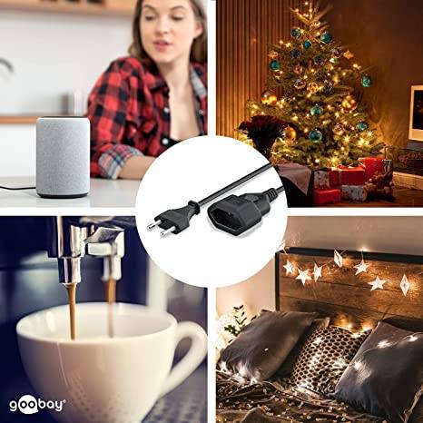 Goobay 50510 Euro Netzkabel Verlängerung 2 polig Stromkabel Eurostecker Typ C Eurokabel Verlängerungskabel Schwarz 5m