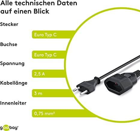 Goobay 50508 Euro Netzkabel Verlängerung 2 polig Stromkabel Eurostecker Typ C Eurokabel Verlängerungskabel Schwarz 3m