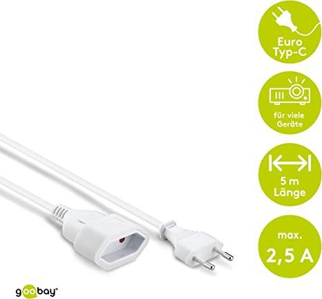 Goobay 50509 Euro Netzkabel Verlängerung 2 polig Stromkabel Eurostecker Typ C Eurokabel Verlängerungskabel Weiß 5m