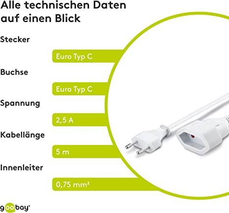 Goobay 50509 Euro Netzkabel Verlängerung 2 polig Stromkabel Eurostecker Typ C Eurokabel Verlängerungskabel Weiß 5m
