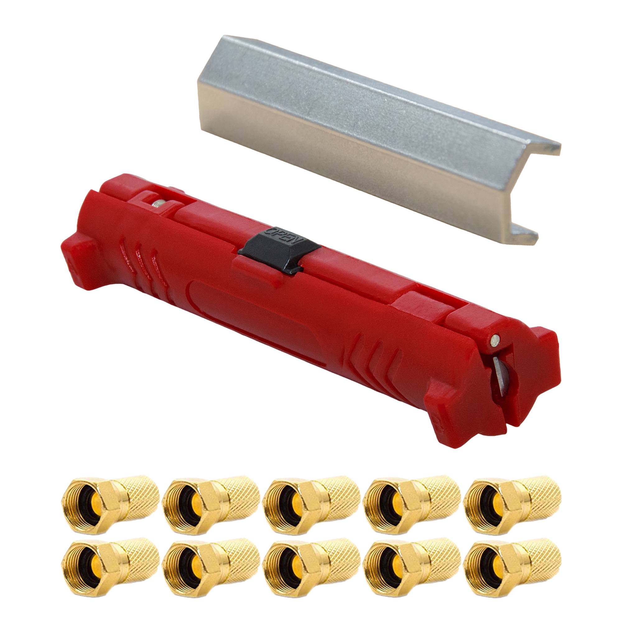 PremiumX SAT Montage-Set Abisolierer für Koaxialkabel + Aufdrehhilfe / Montageschlüssel 10x F-Stecker