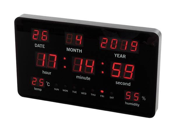 Perel Wanduhr mit LED-Display, digital, Thermometer, Hygrometer, Schwarz, Rot