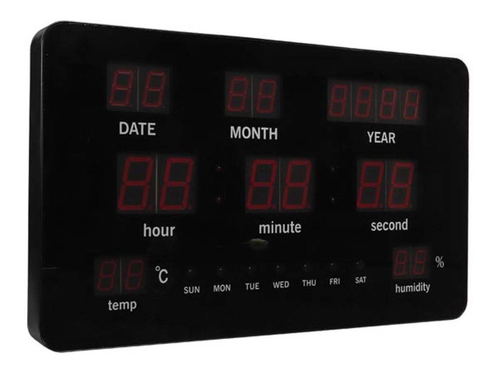 Perel Wanduhr mit LED-Display, digital, Thermometer, Hygrometer, Schwarz, Rot