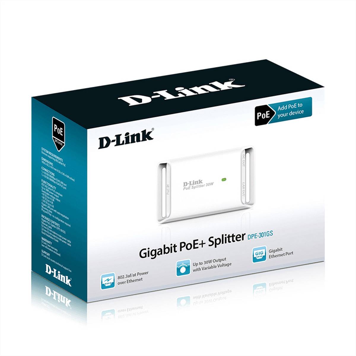 D-Link D-LINK 1-Port Gigabit 30W PoE Splitter PoE Splitter 1 GBit/s IEEE 802.3af (12.95 W), IEEE 802.3at (25.5 W)