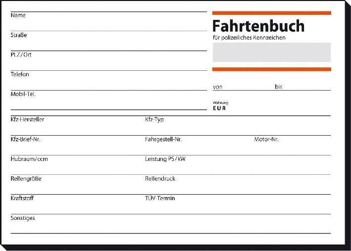 Fahrtenbuch A6, 40 Blatt für PKW