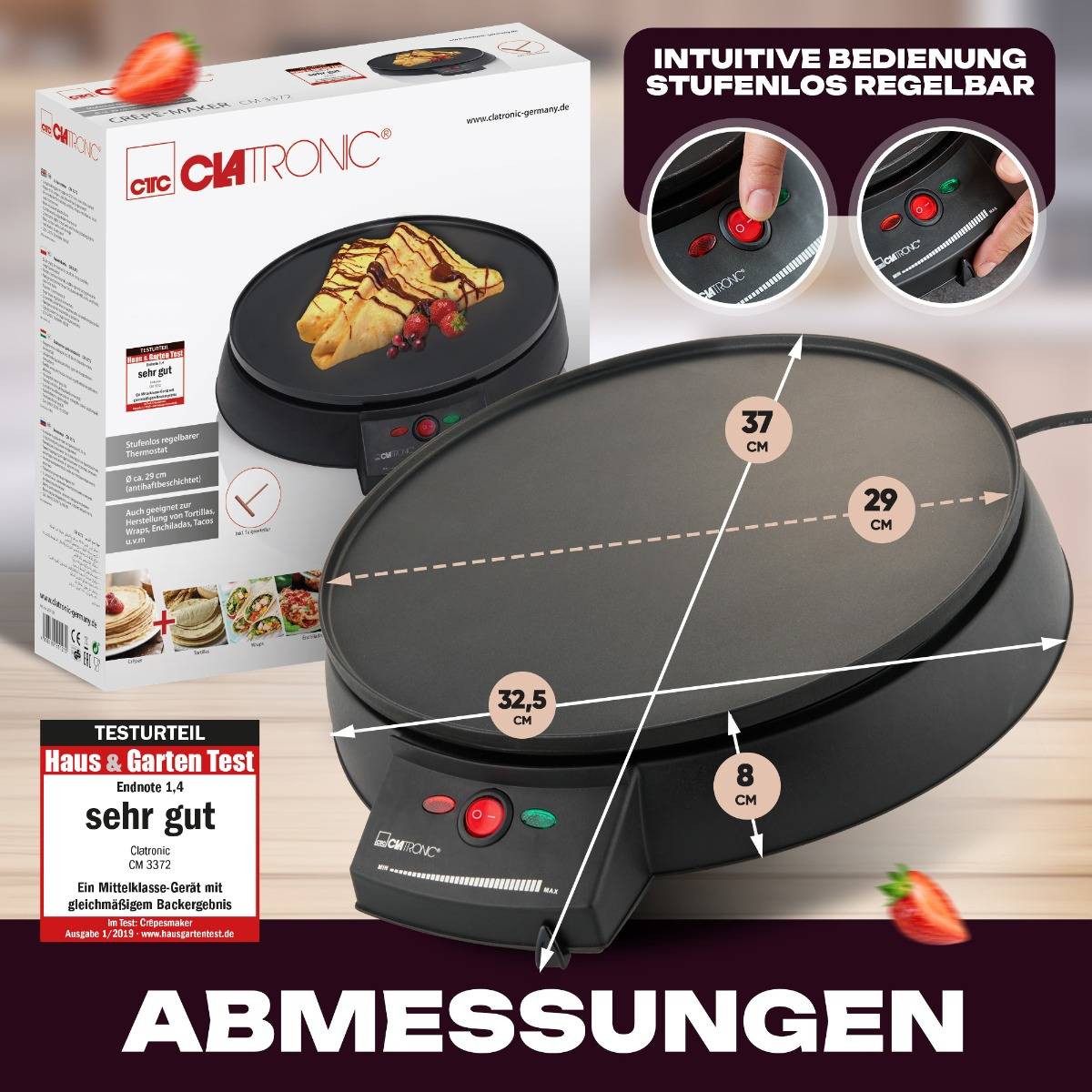 Clatronic CM 3372 Crépes Maker mit manueller Temperatureinstellung Schwarz