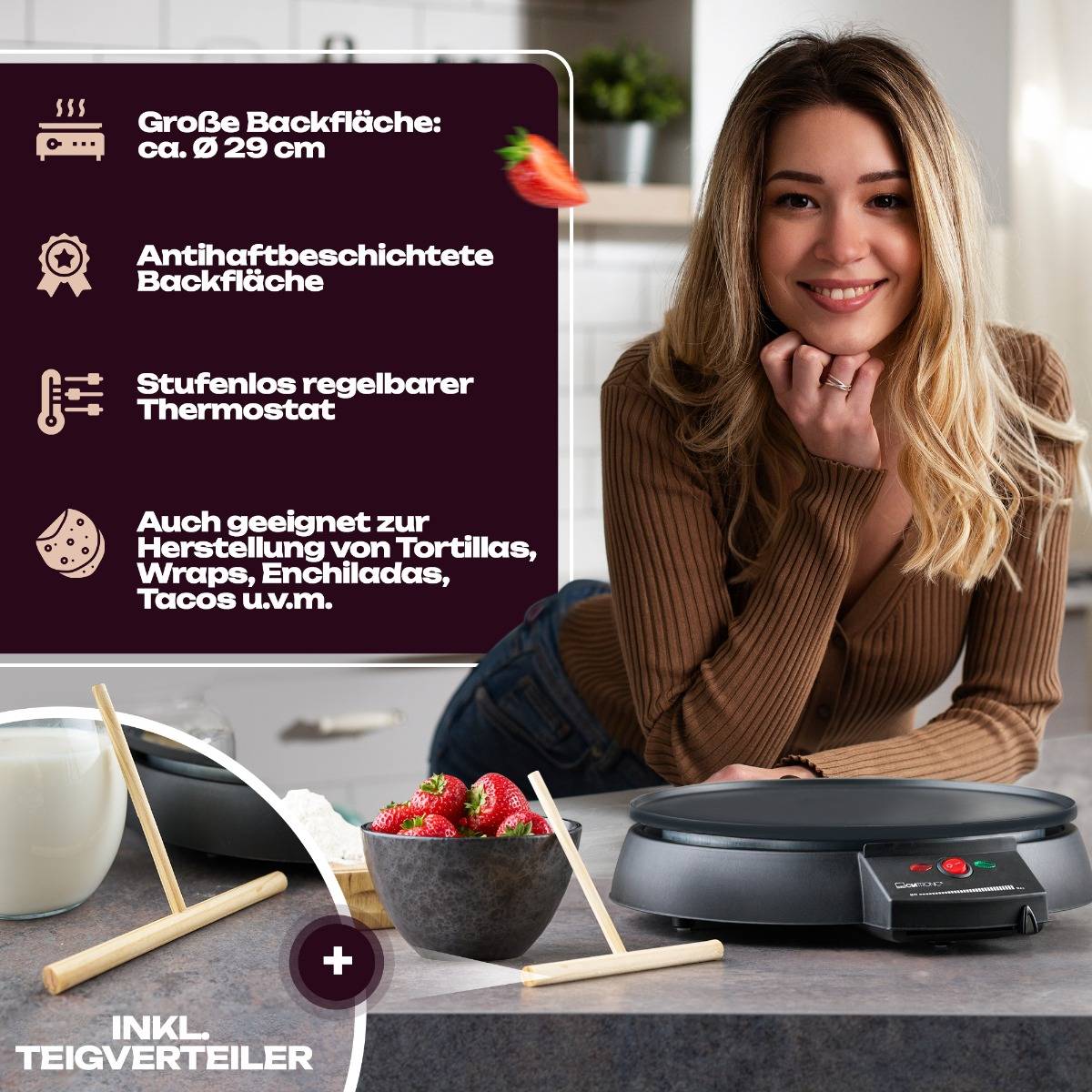 Clatronic CM 3372 Crépes Maker mit manueller Temperatureinstellung Schwarz