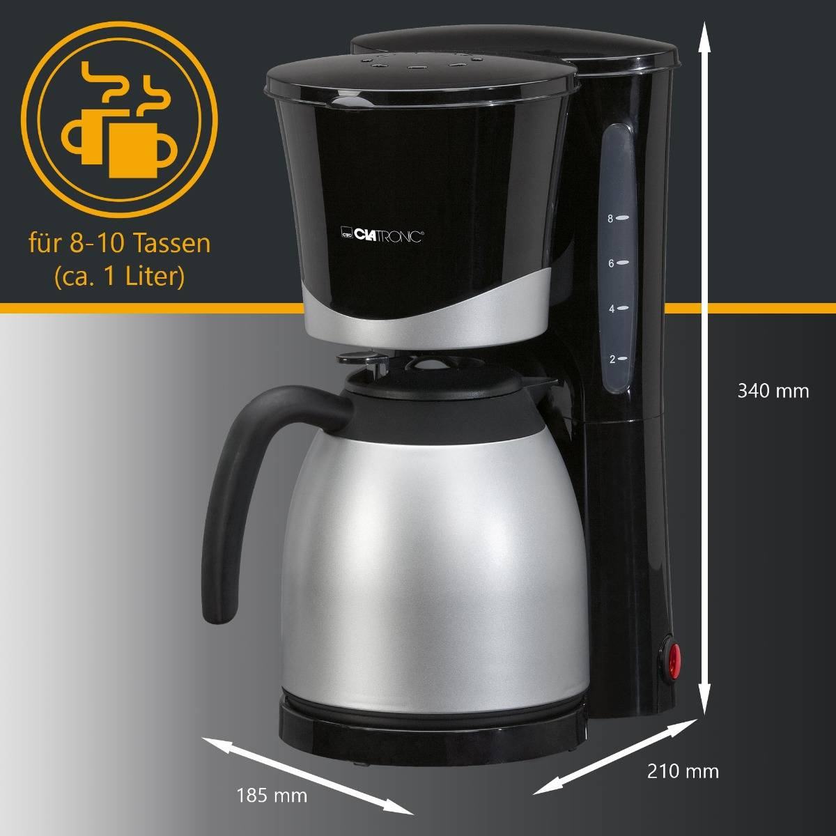 Clatronic KA 3327, Filterkaffeemaschine, Gemahlener Kaffee, 870 W, Schwarz, Edelstahl