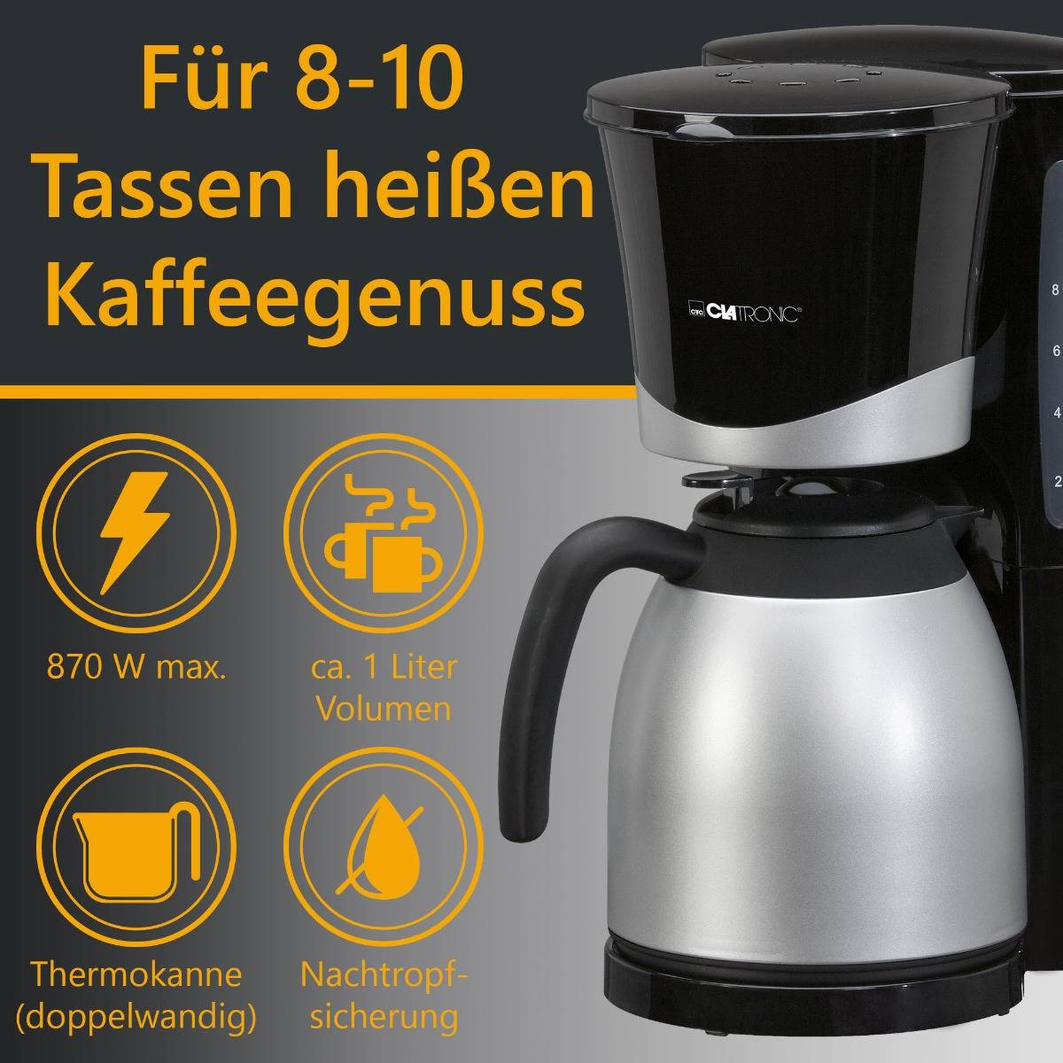 Clatronic KA 3327, Filterkaffeemaschine, Gemahlener Kaffee, 870 W, Schwarz, Edelstahl