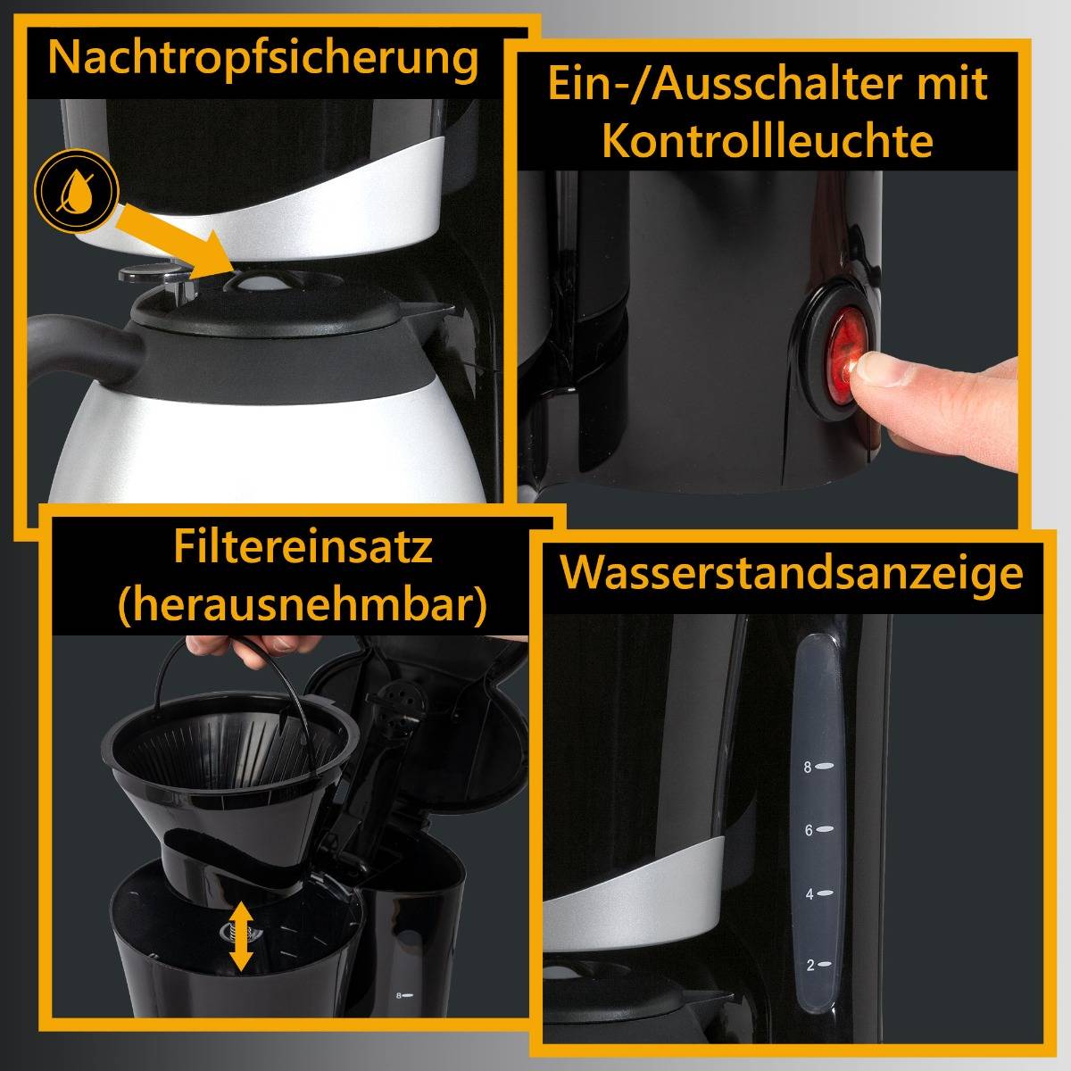 Clatronic KA 3327, Filterkaffeemaschine, Gemahlener Kaffee, 870 W, Schwarz, Edelstahl