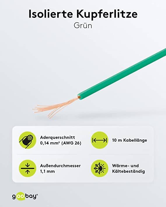Goobay 55042 Kupferlitze 1adrig isoliert Kupferkabel mehrdrähtig Klingeldraht 18x 0,1mm AWG 26 Litze Kabellitze Grün 10m