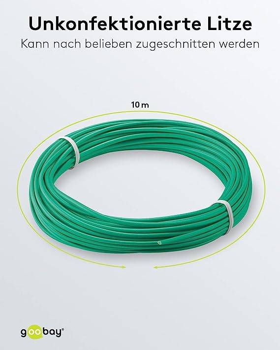 Goobay 55042 Kupferlitze 1adrig isoliert Kupferkabel mehrdrähtig Klingeldraht 18x 0,1mm AWG 26 Litze Kabellitze Grün 10m