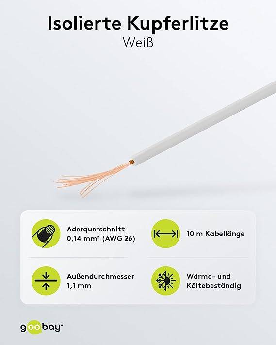 Goobay 55046 Kupferlitze 1adrig isoliert Kupferkabel mehrdrähtig Klingeldraht 18x 0,1mm AWG 26 Litze Kabellitze Weiß 10m