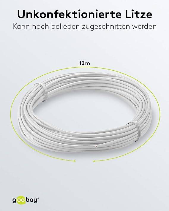 Goobay 55046 Kupferlitze 1adrig isoliert Kupferkabel mehrdrähtig Klingeldraht 18x 0,1mm AWG 26 Litze Kabellitze Weiß 10m