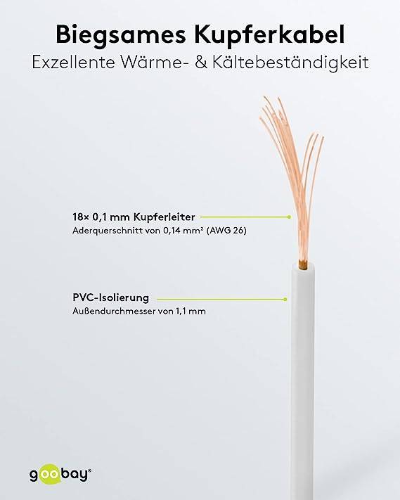 Goobay 55046 Kupferlitze 1adrig isoliert Kupferkabel mehrdrähtig Klingeldraht 18x 0,1mm AWG 26 Litze Kabellitze Weiß 10m