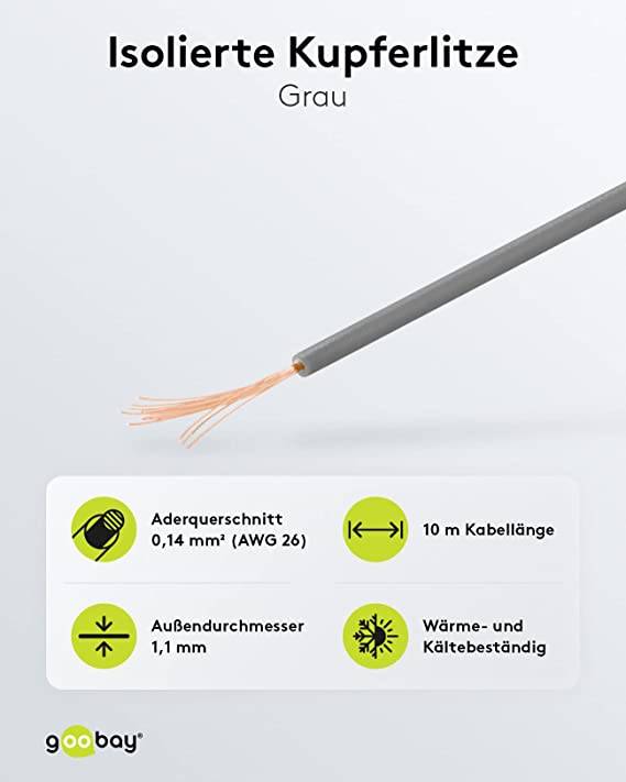 Goobay 55047 Kupferlitze 1adrig isoliert Kupferkabel mehrdrähtig Klingeldraht 18x 0,1mm AWG 26 Litze Kabellitze Grau 10m