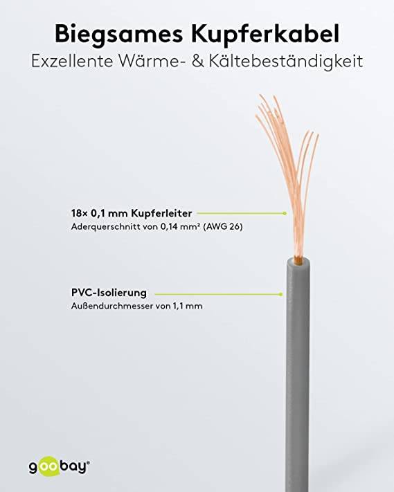 Goobay 55047 Kupferlitze 1adrig isoliert Kupferkabel mehrdrähtig Klingeldraht 18x 0,1mm AWG 26 Litze Kabellitze Grau 10m