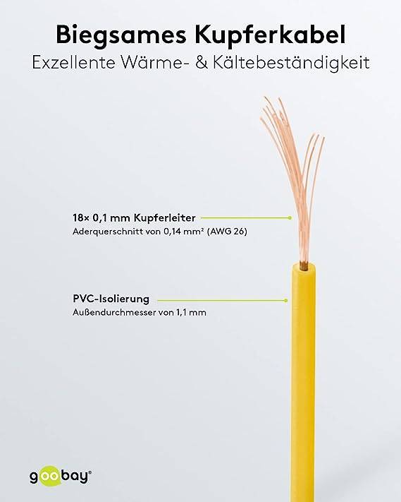 Goobay 55041 Kupferlitze 1adrig isoliert Kupferkabel mehrdrähtig Klingeldraht 18x 0,1mm AWG 26 Litze Kabellitze Gelb 10m