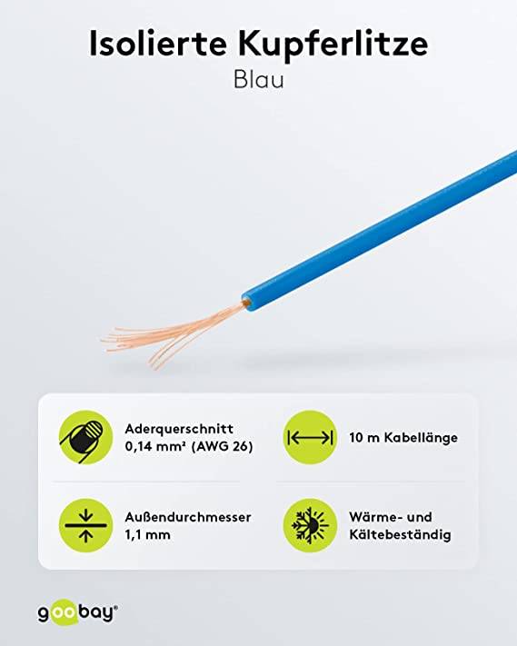 Goobay 55039 Kupferlitze 1adrig isoliert Kupferkabel mehrdrähtig Klingeldraht 18x 0,1mm AWG 26 Litze Kabellitze Blau 10m