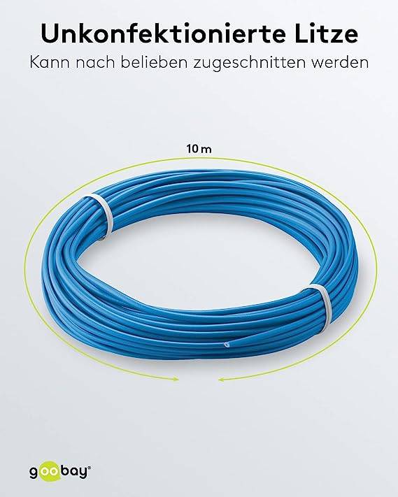 Goobay 55039 Kupferlitze 1adrig isoliert Kupferkabel mehrdrähtig Klingeldraht 18x 0,1mm AWG 26 Litze Kabellitze Blau 10m