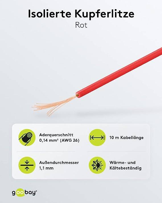 Goobay 55044 Kupferlitze 1adrig isoliert Kupferkabel mehrdrähtig Klingeldraht 18x 0,1mm AWG 26 Litze Kabellitze Rot 10m