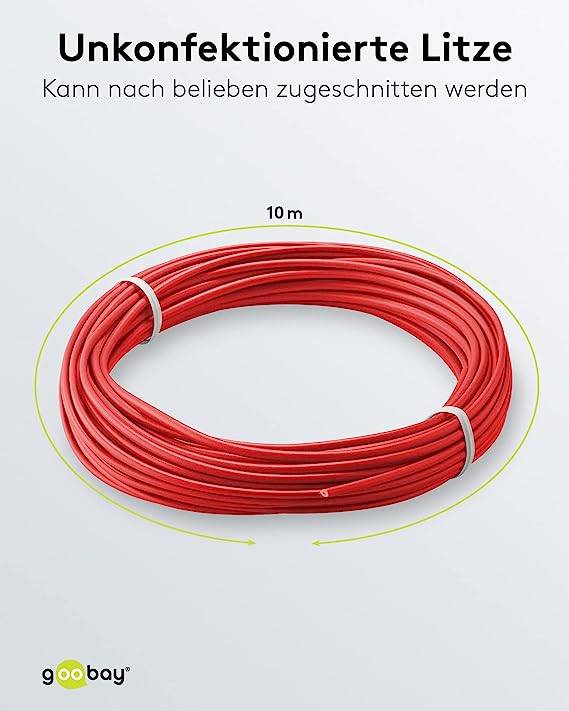 Goobay 55044 Kupferlitze 1adrig isoliert Kupferkabel mehrdrähtig Klingeldraht 18x 0,1mm AWG 26 Litze Kabellitze Rot 10m