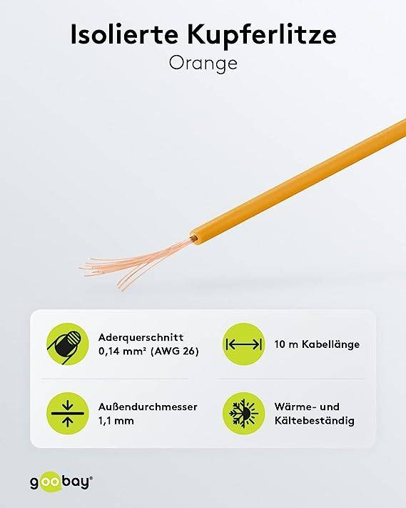 Goobay 55043 Kupferlitze 1adrig isoliert Kupferkabel mehrdrähtig Klingeldraht 18x0,1mm AWG26 Litze Kabellitze Orange 10m
