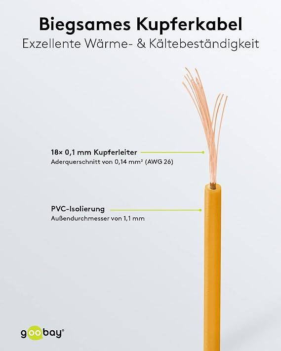 Goobay 55043 Kupferlitze 1adrig isoliert Kupferkabel mehrdrähtig Klingeldraht 18x0,1mm AWG26 Litze Kabellitze Orange 10m