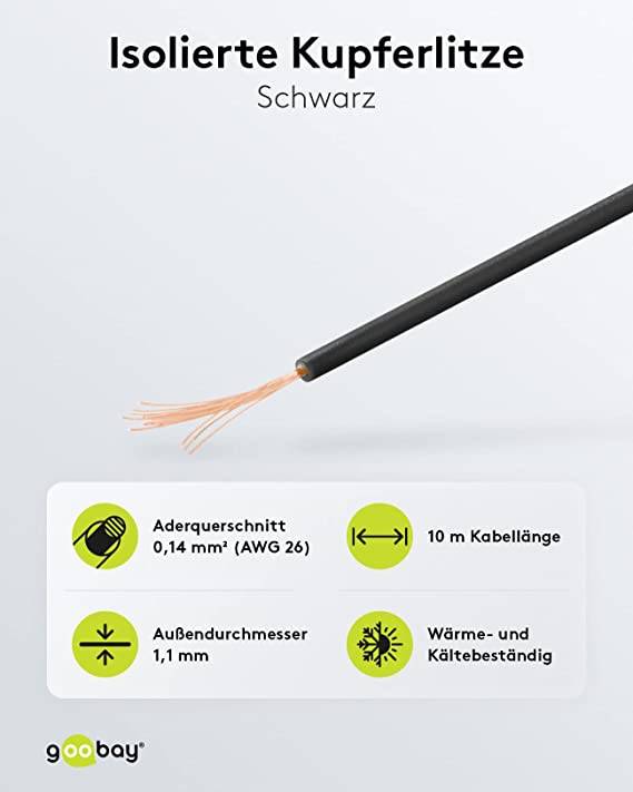 Goobay 55045 Kupferlitze 1adrig isoliert Kupferkabel mehrdrähtig Klingeldraht 18x0,1 AWG26 Litze Kabellitze Schwarz 10m