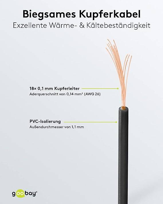 Goobay 55045 Kupferlitze 1adrig isoliert Kupferkabel mehrdrähtig Klingeldraht 18x0,1 AWG26 Litze Kabellitze Schwarz 10m