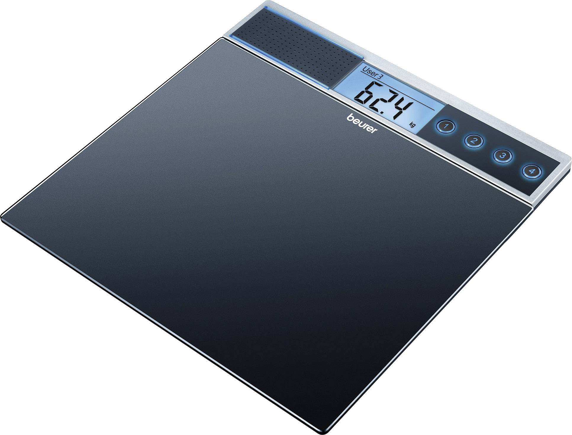Eine digitale Waage zeigt ein Gewicht von 62,4 kg an. Sie ist schwarz und hat blaue Touch-Tasten rechts neben dem Display.