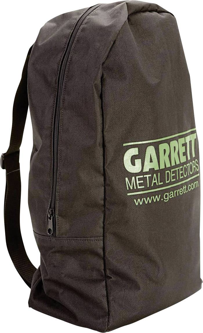Dunkelbrauner Rucksack mit Aufschrift 'GARRETT METAL DETECTORS www.garrett.com' in hellgrüner Schrift.