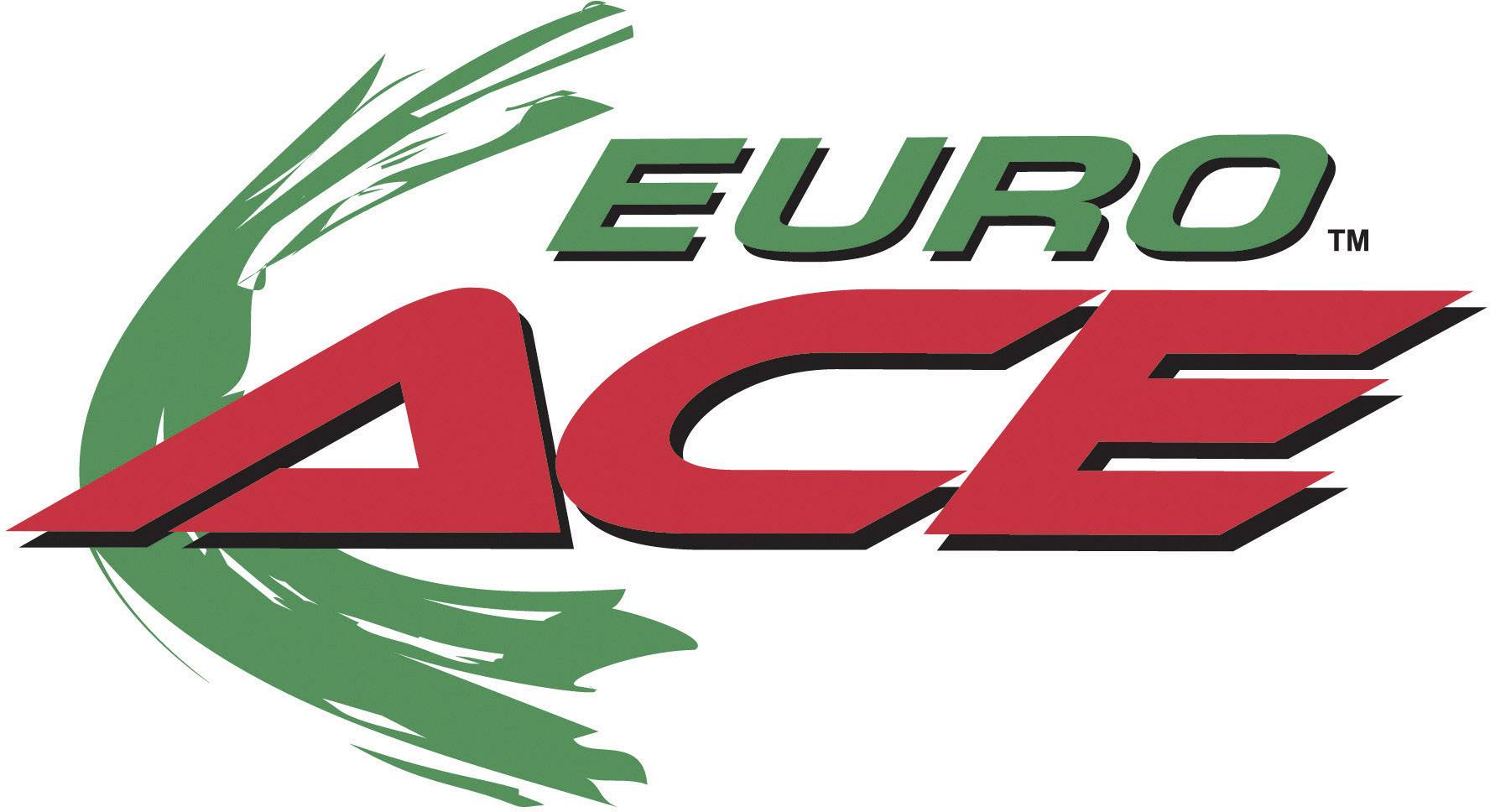 'Euro Ace'-Logo mit grünem Pinselstrichmuster. Der Schriftzug kombiniert grüne und rote Buchstaben. Hauptsächlich dekoratives Element.