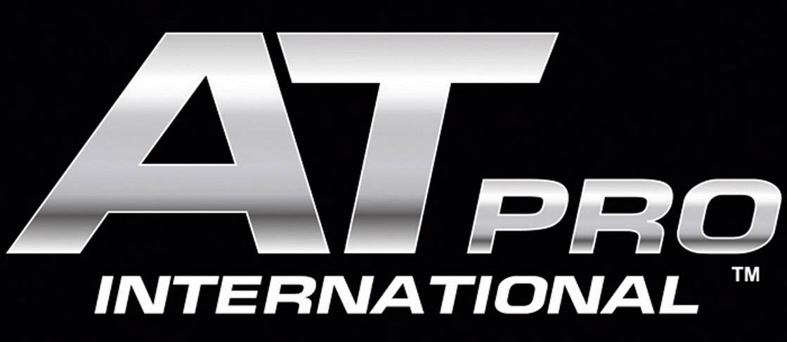'AT Pro International' Logo, silberfarbener Text auf schwarzem Hintergrund.