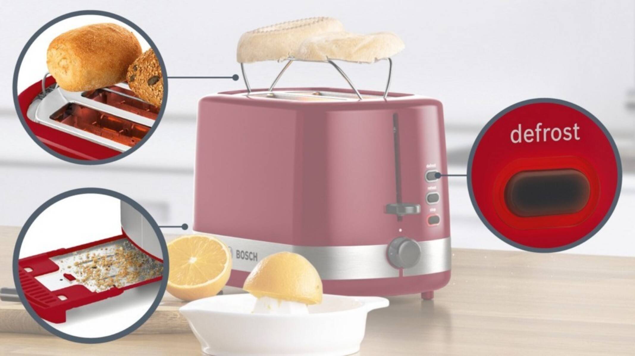 Bosch Haushalt TAT6A514 Toaster mit Brötchenaufsatz Rot, Edelstahl